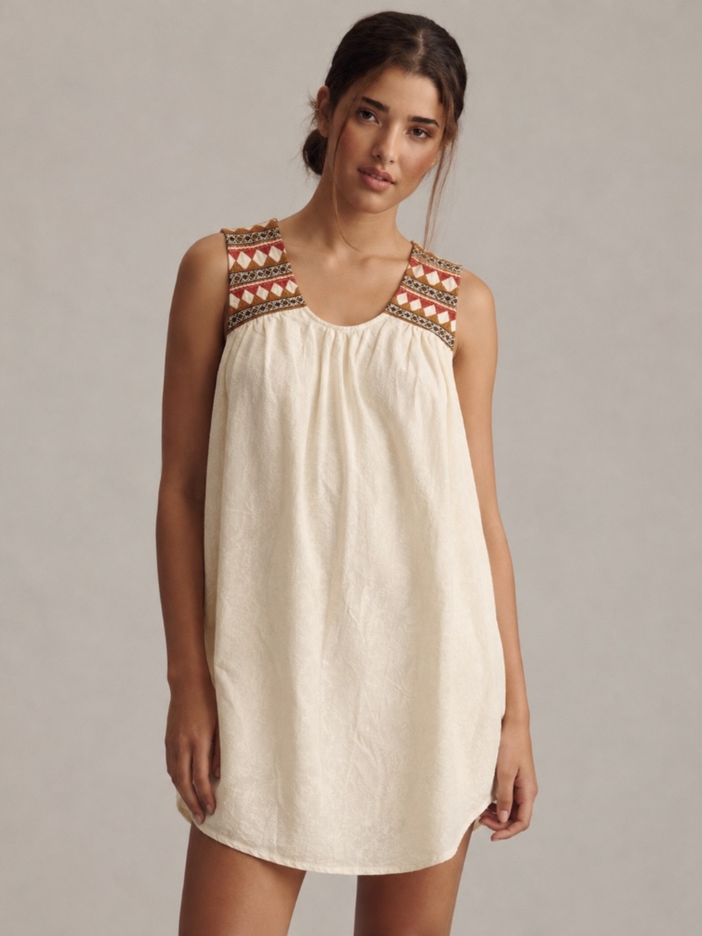 Solitaire Embroidered Boho Jacquard Cotton Shift Dress Ivory Size M